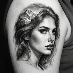 tattoo design sketch of a beautiful woman face with a mountain scenery background on her side, hyper - realistic, double exposure, in the style of matteo pasqualin, amazing detail, black and white, faded