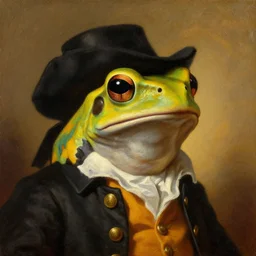 a head and shoulders portrait painting of an anthropomorphic!!!!!!!!!! amazon milk frog!!!!!!!!!! wearing a colonial outfit without a hat looking off camera, a character portrait, classicism painting, oil on canvas, warm!!!!!!!!!! lighting