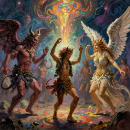 apocalyptic rave party with demons and angels dancing, painted by william blake but with a certain psychedelic style