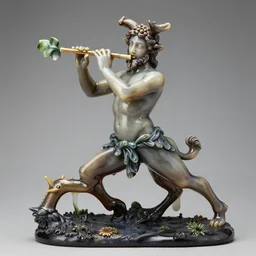 satyr god faun pan with hoofs and playing flute with wine leaf high resolution 8 k in style of michael hussar and hieronymus bosch and lalique 8 k