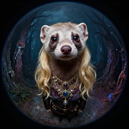 curved perspective, extreme narrow, extreme fisheye, digital art of an hallucinogenic female embalmed marten animal wearing jewlery with blonde hairstyle by anton fadeev from nightmare before christmas