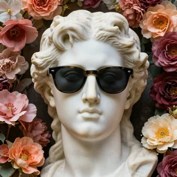close up marble statue of fancy head wearing sunglasses and surrounded by flower compositions on all sides