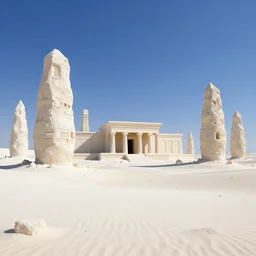 Landscape, desert of white sand, monoliths. A temple. Lighting. Blue sky. Fantasy, digital painting, HD, 4k, detailed.