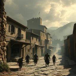 a medieval provencal deserted town, demons strolling about medium shot, atmospheric fantasy matte painting by eytan zana and ruan jia and boris vallejo, trending on artstation