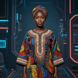 hyper realistic portrait of beautiful african fulani woman standing in the middle of a broad cyberpunk background with lots of space all round, perfect face, fine details, colorful patterns, studio lighting, subtle shadows, art by tim okamura and karol bak, canon eos r 3, f / 1. 4, iso 2 0 0, 1 / 1 7 0 s, 8 k, raw, unedited, in - frame