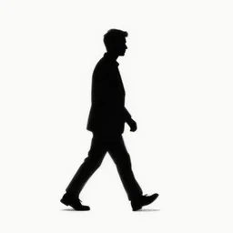 symmetry!! black and white silhouette drawing of a single person walking, white background by stanhope forbes, stylistic, simple