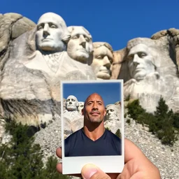 dwayne johnson as face on mount rushmore, handheld photograph