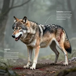 a rabid wolf with rabies, diseased, veterinary medical diagram