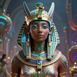 highly detailed portrait of an african neon egyptian goddess, intricate alien technology, stephen bliss, unreal engine, fantasy art by greg rutkowski, loish, rhads, ferdinand knab, makoto shinkai and lois van baarle, ilya kuvshinov, rossdraws, tom bagshaw, global illumination, radiant light, detailed and intricate environment