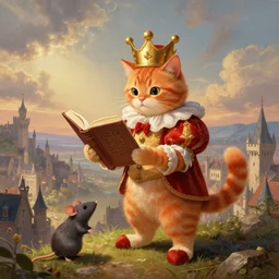 a fantasy painting of an anthropomorphic orange tabby cat dressed as a renaissance clown king and holding a book to teach rats algebra, standing on a hill overlooking a vast medieval city, cinematic, beautiful lighting, dramatic