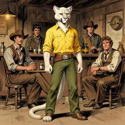 beautiful full-body portrait commission of a [male furry!!! anthro!!! albino mountain lion fursona!!!] [wearing a yellow button-down shirt, olive green slacks] [in a Old-timey saloon]. Atmospheric. Renowned character illustration by greg rutkowski, thomas kindkade, alphonse mucha, loish, norman rockwell. detailed, inked, western comic book art