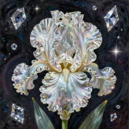 mother of pearl iris flower inside cosmic chaos, cristal shapes, bright lighting, norman rockwell, tim hildebrandt, viktor safonkin, dariusz zawadzki, bruce pennington, larry elmore, intricate details, hyperrealistic oil painting on canvas, deep depth field