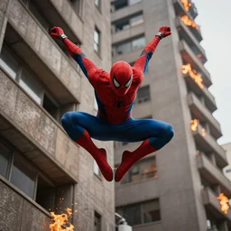 cinematic shot from the newest movie trailer of spiderman doing a flip out of a burning building