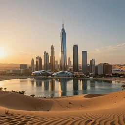 a futuristic city in the desert during sunset, lake view, ultra realistic, highly detailed, award winning