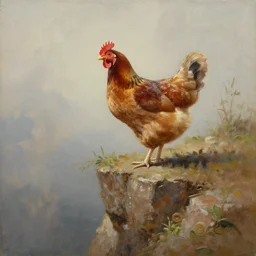 oil painting of a chicken on the edge of a cliff