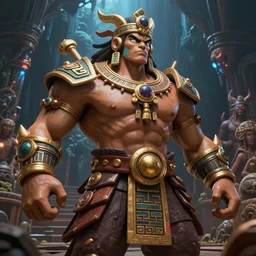 Final boss beast muscular overpowered with mayan clothes and gold jewelry, Xibalba in underworld the background, in the style of  Z.W. Gu from trending on artstation, HD, Octane render, smooth, sharp focus, Anime style