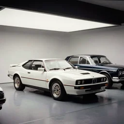 1984 Audi Quattro, BMW M1 Lincoln Continental, inside of a minimalist Tokyo garage, ektachrome photograph, volumetric lighting, f8 aperture, cinematic Eastman 5384 film