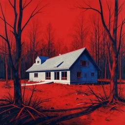 social modernist blockhouse estate in the midle of red, radioactive dead forest, screen peint, serigraphy, red, black, blue