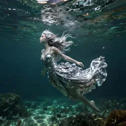 A silver haired mad nymph, dressed in a beautiful, fancy silver dress, floathing underwater in a lake, mystical, atmospheric, greenish blue tones, underwater photography