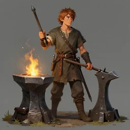 medieval peasant boy and blacksmith, artstation, fantasy