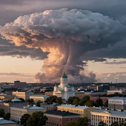 concept art of Helsinki skyline at dusk with a nuclear mushroom cloud in the horizon
