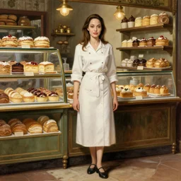 portrait angelina jolie as young confectioner girl in a pastry shop, full length shot, shining, 8 k highly detailed, sharp focus, illustration, art by artgerm, mucha, bouguereau