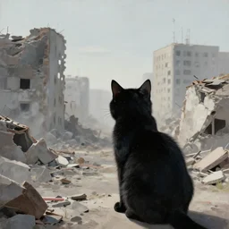 a black cat looking at a destroyed city, by karcz, michal