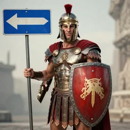 gladiator wearing a road sign shield