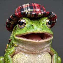 5 5 mm close - shot photograph of a bemused frog with its mouth and eyes wide open, wearing a tartan hat. studio lighting, studio photographic portrait