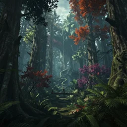 a stunning wide shot view of a mythical rainforest, colorful trees, screenshot from bloodborne