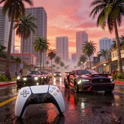 still next - gen ps 5 game grand theft auto 6 2 0 2 4 remaster, graphics mods, rain, red sunset, people, rtx reflections, gta vi, miami, palms and miami buildings, photorealistic screenshot, unreal engine 5, 4 k, 5 0 mm bokeh, gta vice city remastered, artstation