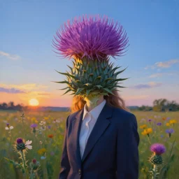 portrait, enormous thistle flower as the face, a girl in a suit in field of flowers, surreal photography, sunrise, blue sky, dramatic light, impressionist painting, digital painting, artstation, simon stalenhag