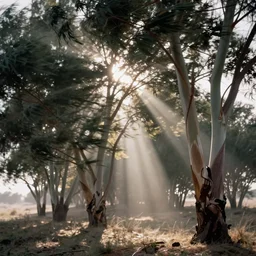 long exposure photograph of eucalyptus trees, strong wind, soft focus, back light, mamiya, photographed by uta barth