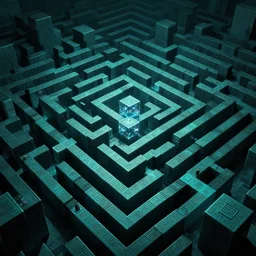 interior of an elaborate labyrinth of runic cubes, dark teal, endless maze - like runes, ultrarealistic beautiful cinematic lighting, sharp focus, masterpiece by satoshi kon, crystal cubism, greeble, tesseract, darksynth, high definition