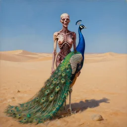 peacock in the desert, hyper - realistic oil painting, body horror, biopunk, by zdzisław beksinski, marco mazzoni, peter gric