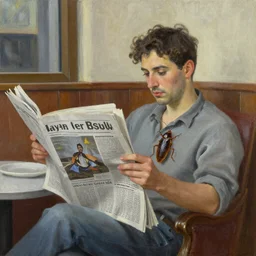 A cockroach reading a newspaper in a restaurant, oil painting