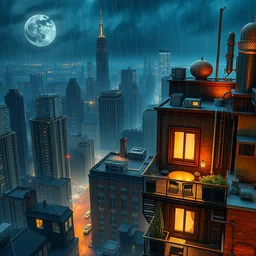 steampunk hacker penthouse above a city in a rainy night, wallpaper 3 d pixar disney digital cgi rtx hdr painting bioluminance alena aenami artworks in 4 kby jesper ejsing, feng zhu and loish beeple, by thomas kinkade