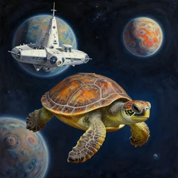 an epic chris foss painting of a turtle spaceship orbiting an alien planet