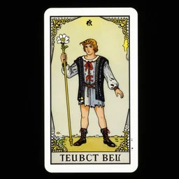 an occult tarot card, the fool who is a madman, rule of thirds, holding a staff and a white flower, clever design, oval ornate modern graphic design border, minimal, flat colors, tarot card, by hannah hoch and jesse treece and christian jackson and josh brill