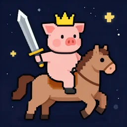 a pig wearing a crown riding a horse in space and holding a large sword, pixel art