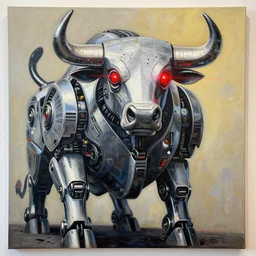 “a giant mechanical bull robot with red laser eyes, oil dotwork on canvas by James Jean”