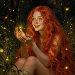 infp girl, smiling, amazed by the lights of golden fireflies, sitting in the midst of nature fully covered, long loose red hair, intricate linework, green eyes, small nose with freckles, oval shape face, realistic, expressive emotions, dramatic lights, spiritual scene, hyper realistic ultrafine art by cecco del caravaggio and albert bierstadt and artgerm