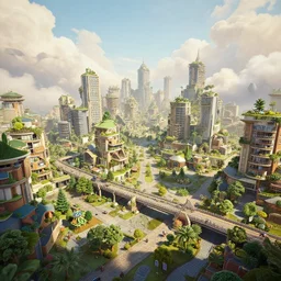 a wide shot of a solarpunk city, with houses, pavements, bridges, trees, plants, beautiful, stunning, serene, volumetric light, volumetric clouds, photography, color, intricate, extremely detailed, photorealistic, unreal engine 5