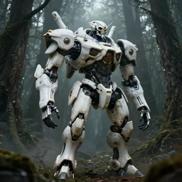 concept art of a white bone biopunk mecha robot in a dark forest, beautiful fantasy landscape, sharp focus, hyper detailed, hyperrealism, volumetric, by federico pelat and stephan martiniere and hr giger, unreal engine 5, ominous, misty, volumetric lighting, 8 k