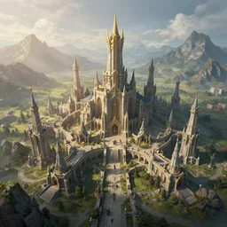 beautiful render of dwarven anient city, glorious, unreal engine, fantasy style, first light, majestic mountains, drone shot, soft light, by greg rutkowski, cgsociety