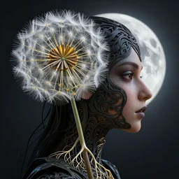 intricate hyper detailed ultra sharp 3 d render of profile portrait, dark witch, leaves stems, unsplash model transparent fractal dandelion, moon in the background, yellow pistil filigree roots, intricate details, human face, facial features, elegant, hyper realistic, ultra detailed, octane render, volumetric cinematic lighting, 8 k post - production