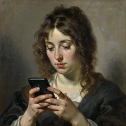 portrait of a woman on her smartphone!! oil painting by joseph ducreux, 1 7 th century, art, oil on canvas, wet - on - wet technique, realistic, expressive emotions, intricate textures, illusionistic detail,