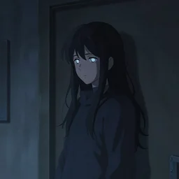 Young Himalayan woman waiting by a door | night time scene, plain walls | white eyes, long messy hair | somber lighting, futuristic, dim lighting, digital art by Makoto Shinkai ilya kuvshinov and Wojtek Fus, digital art, concept art,