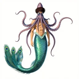 concept designs for an electric eel mermaid with a squid like parasite for its head and long squid tentacles for arms that flow gracefully at its sides and resemble peacock feathers, art by yuji ikehata and satoshi kon and miyazaki, realism, proper human male proportions, fully clothed