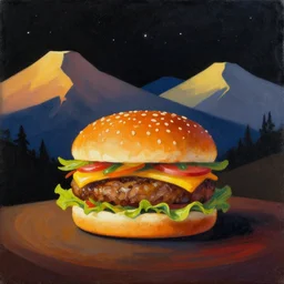 burger in the mountains, the striking night sky and stars, simple elegant mountains on a beautiful sky, an abstract set of large shapes, colorful, warm contrasting colors, painterly, detailed painting of a landscape, extremely high detail, brush strokes, top view, black background, illustration by ross tran and leonardo da vinci